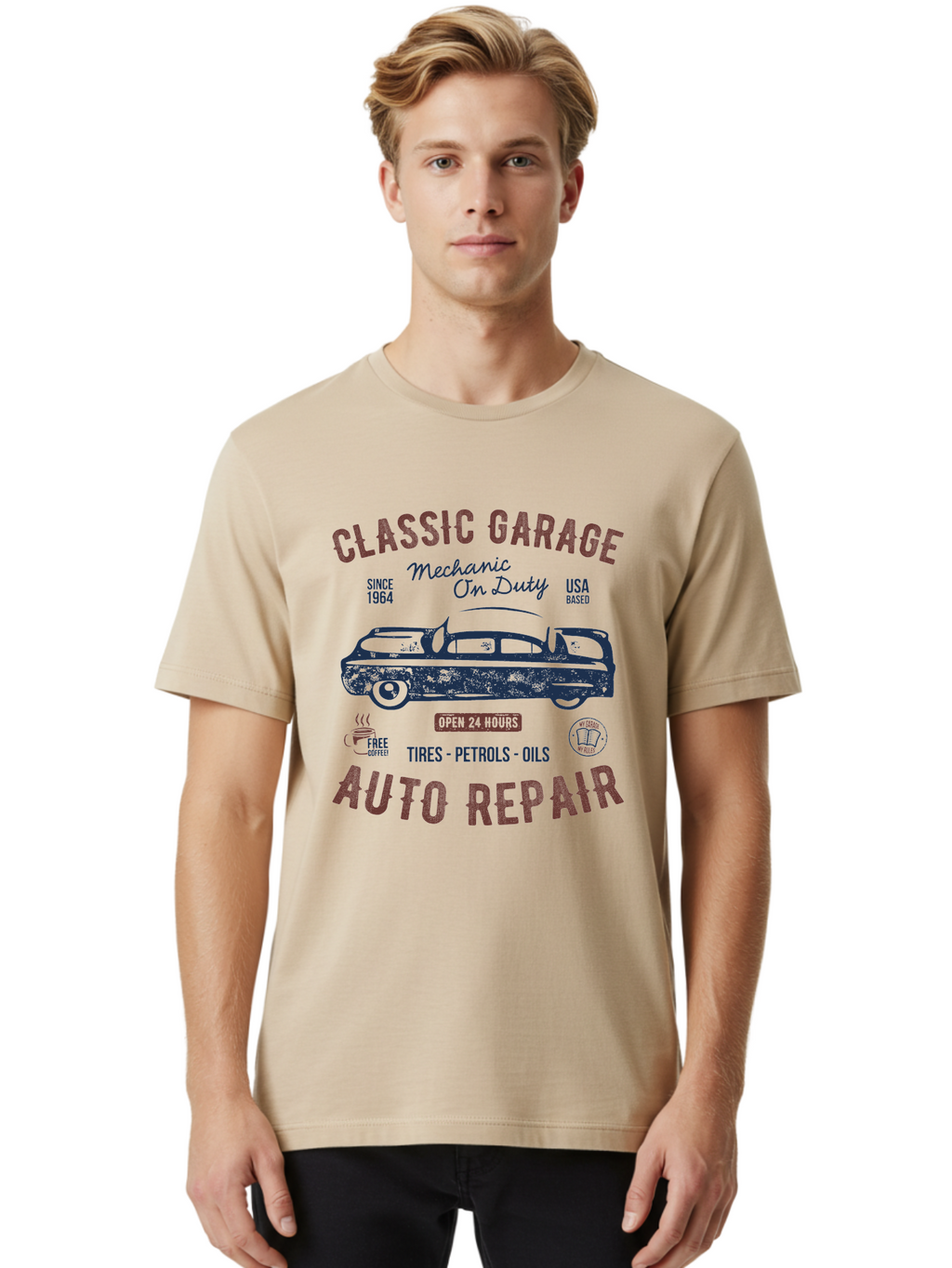 Classic-Garage-Auto-Repair Men'S Graphic Tee, 100% Cotton, Comfortable Casual Summer Wear, Machine Washable, Classic Car, Garage Services, 24-Hour Auto Repair, Mechanic On Duty, Tires, Petrols, Oils, Free Coffee, Usa-Based, Auto Repair Shop, Aab932