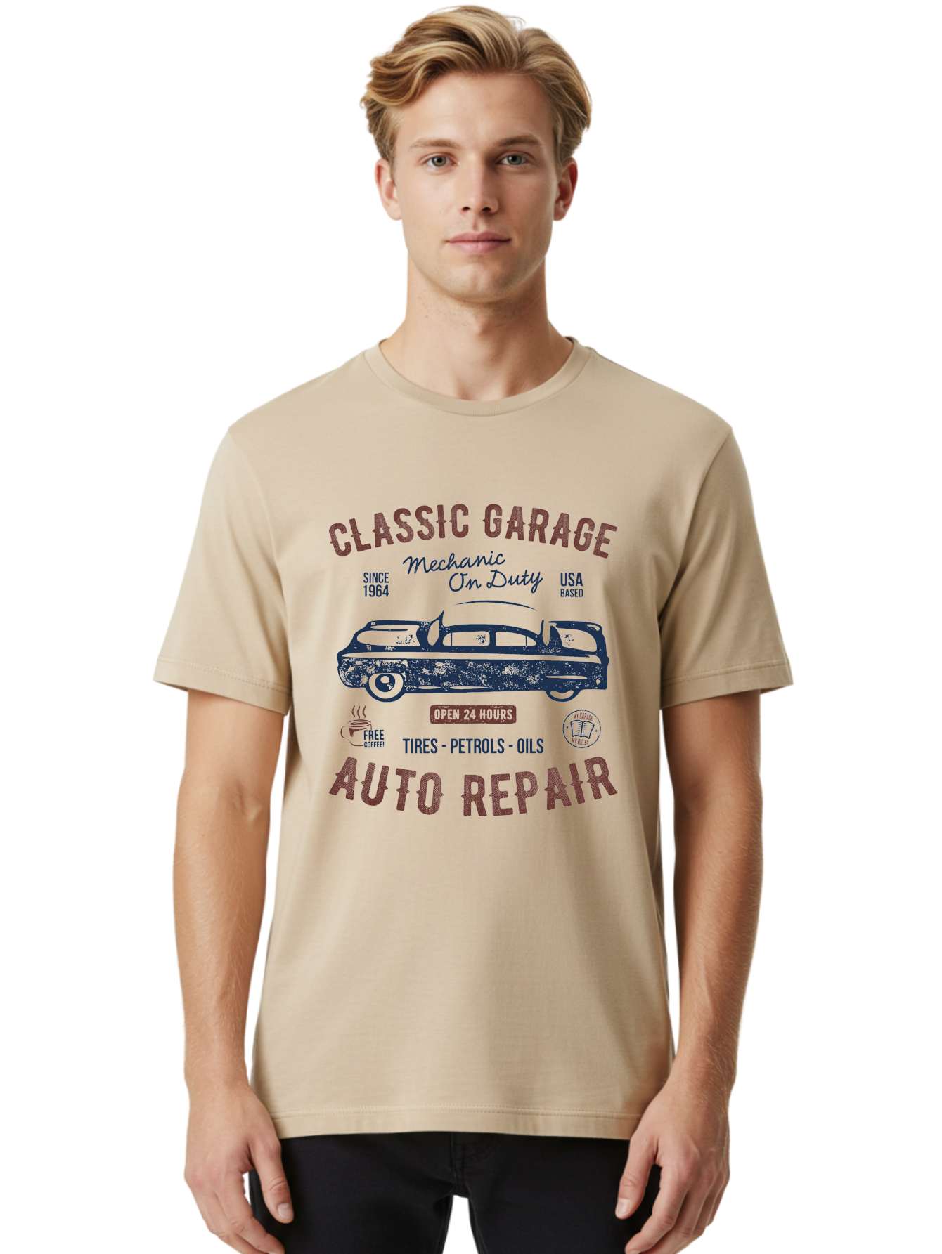 Classic-Garage-Auto-Repair Men'S Graphic Tee, 100% Cotton, Comfortable Casual Summer Wear, Machine Washable, Classic Car, Garage Services, 24-Hour Auto Repair, Mechanic On Duty, Tires, Petrols, Oils, Free Coffee, Usa-Based, Auto Repair Shop, Aab932