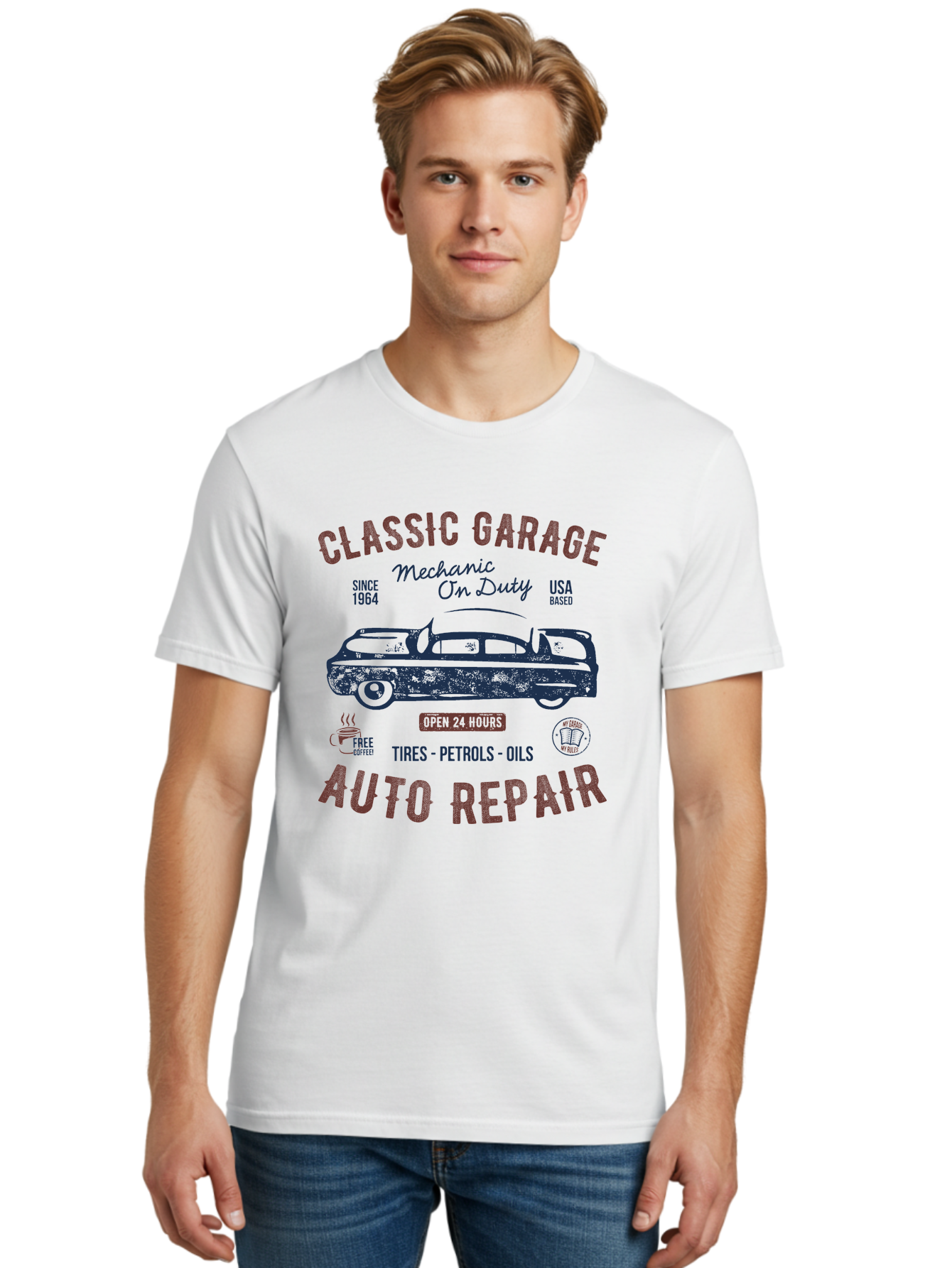Classic-Garage-Auto-Repair Men'S Graphic Tee, 100% Cotton, Comfortable Casual Summer Wear, Machine Washable, Classic Car, Garage Services, 24-Hour Auto Repair, Mechanic On Duty, Tires, Petrols, Oils, Free Coffee, Usa-Based, Auto Repair Shop, Aab932
