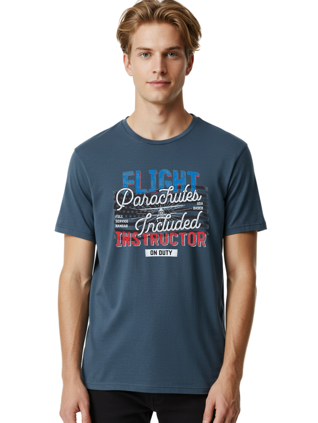 Flight-Parachutes-Included-Instructor Men'S Graphic Tee, 100% Cotton, Comfortable Casual Summer Wear, Machine Washable, Parachute Instructor, Usa Based, Full Service Hangar, On Duty, Flight Training, Parachute Lessons, Skydiving Instructor, Aab934