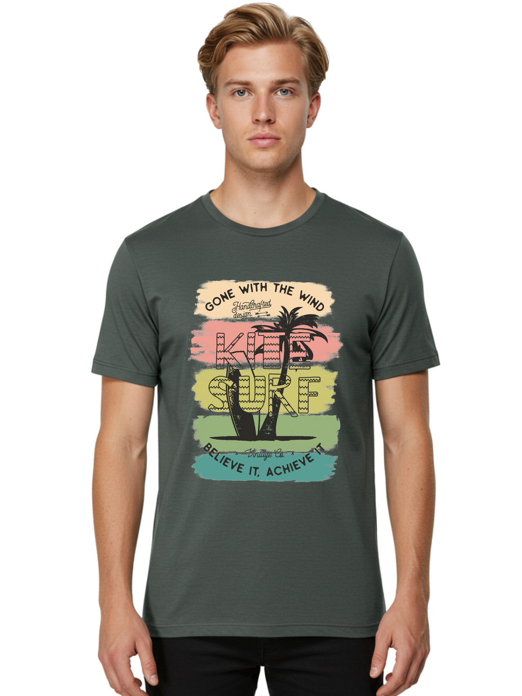 Gone-With-The-Wind-Kite-Surf Men'S Graphic Tee, 100% Cotton, Comfortable Casual Summer Wear, Machine Washable, Surfing Inspiration, Vintage Style, Motivational Quote, Surf Culture, Beach Vibes, Retro Design, Handcrafted Art, Aab935