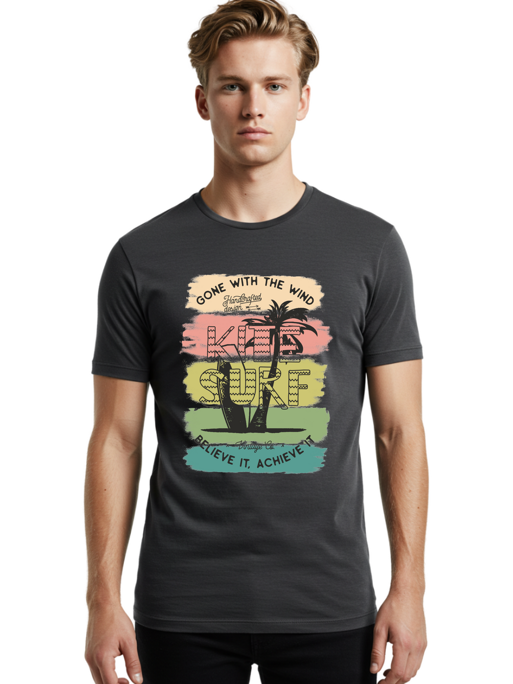 Gone-With-The-Wind-Kite-Surf Men'S Graphic Tee, 100% Cotton, Comfortable Casual Summer Wear, Machine Washable, Surfing Inspiration, Vintage Style, Motivational Quote, Surf Culture, Beach Vibes, Retro Design, Handcrafted Art, Aab935