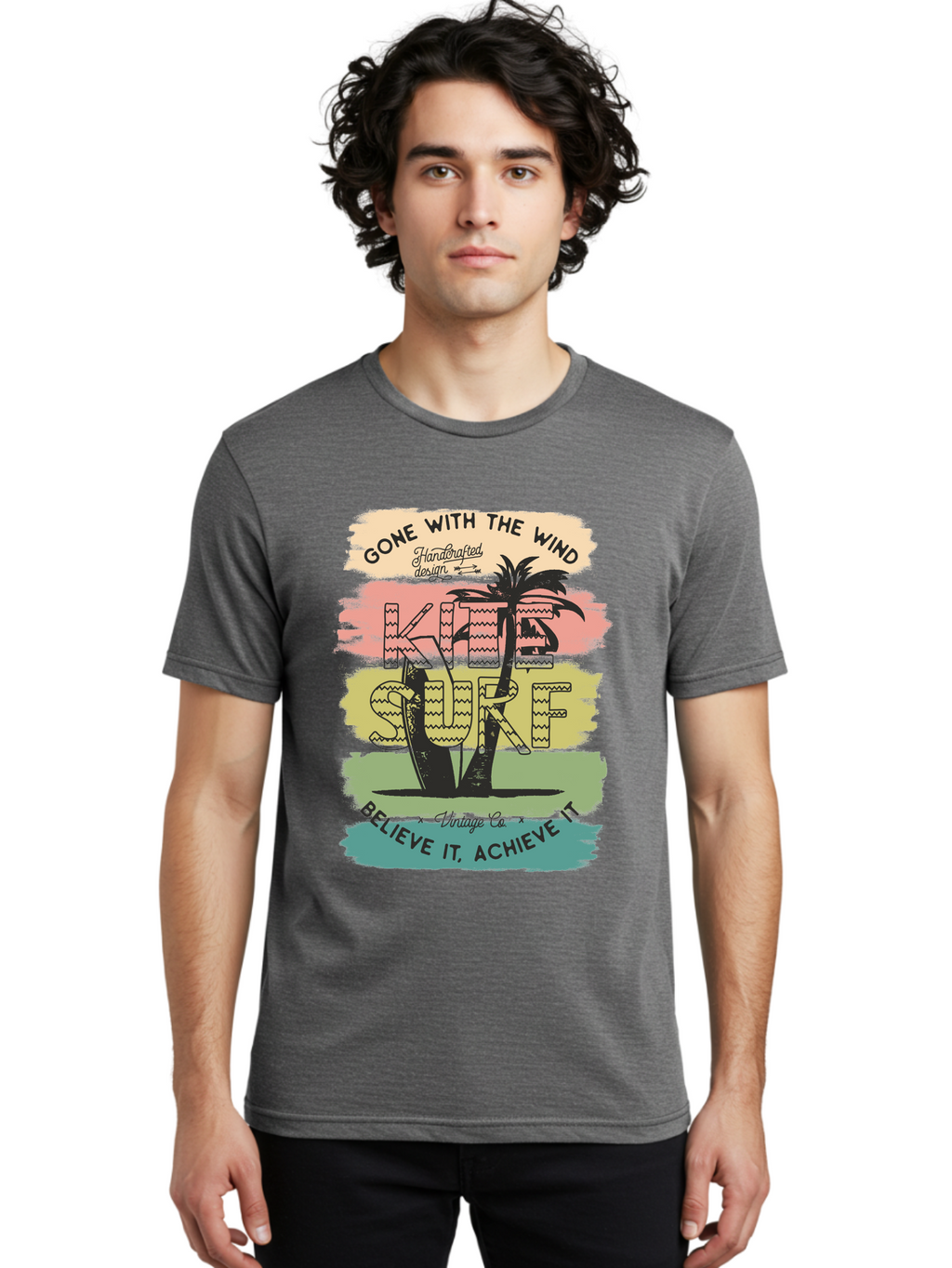 Gone-With-The-Wind-Kite-Surf Men'S Graphic Tee, 100% Cotton, Comfortable Casual Summer Wear, Machine Washable, Surfing Inspiration, Vintage Style, Motivational Quote, Surf Culture, Beach Vibes, Retro Design, Handcrafted Art, Aab935