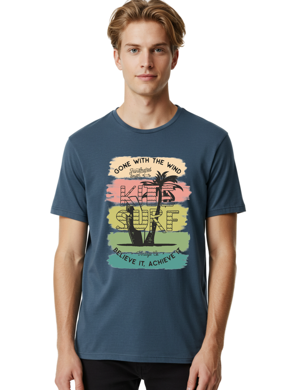 Gone-With-The-Wind-Kite-Surf Men'S Graphic Tee, 100% Cotton, Comfortable Casual Summer Wear, Machine Washable, Surfing Inspiration, Vintage Style, Motivational Quote, Surf Culture, Beach Vibes, Retro Design, Handcrafted Art, Aab935