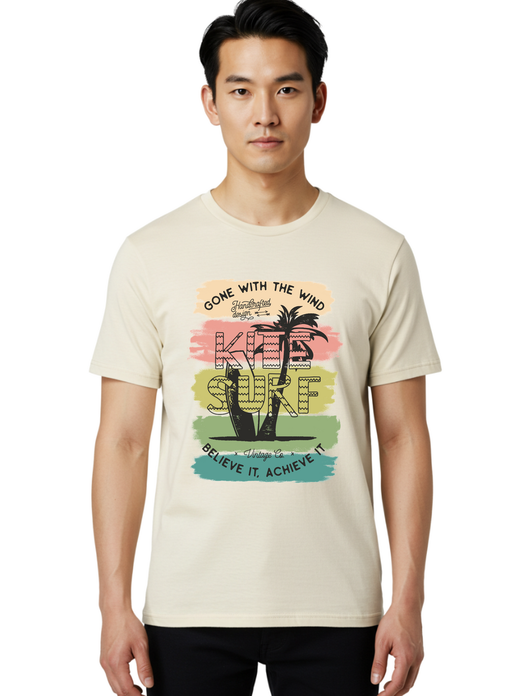Gone-With-The-Wind-Kite-Surf Men'S Graphic Tee, 100% Cotton, Comfortable Casual Summer Wear, Machine Washable, Surfing Inspiration, Vintage Style, Motivational Quote, Surf Culture, Beach Vibes, Retro Design, Handcrafted Art, Aab935