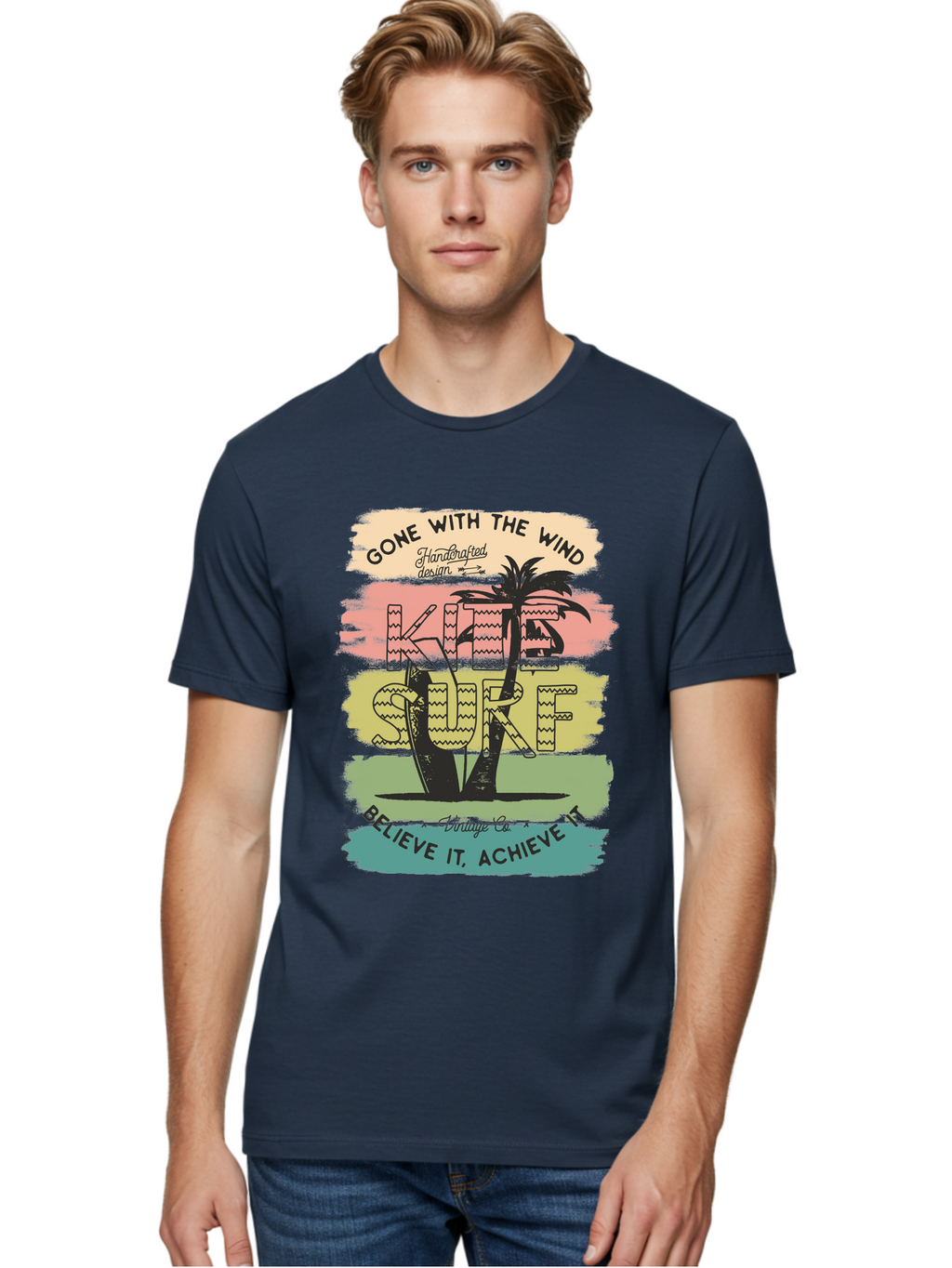 Gone-With-The-Wind-Kite-Surf Men'S Graphic Tee, 100% Cotton, Comfortable Casual Summer Wear, Machine Washable, Surfing Inspiration, Vintage Style, Motivational Quote, Surf Culture, Beach Vibes, Retro Design, Handcrafted Art, Aab935