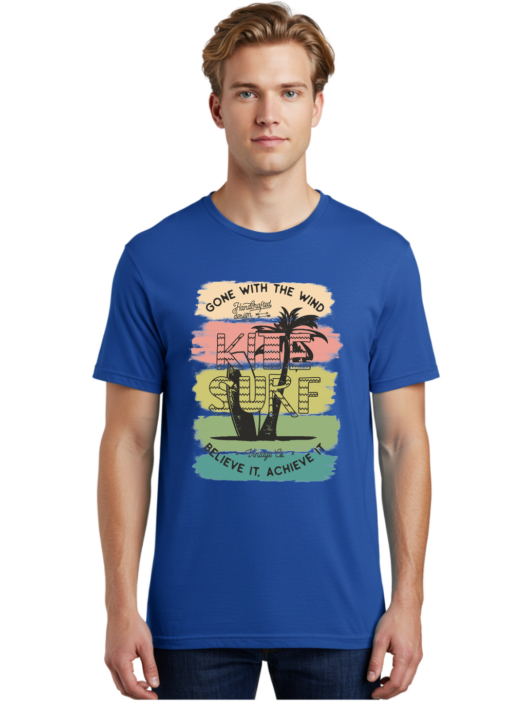 Gone-With-The-Wind-Kite-Surf Men'S Graphic Tee, 100% Cotton, Comfortable Casual Summer Wear, Machine Washable, Surfing Inspiration, Vintage Style, Motivational Quote, Surf Culture, Beach Vibes, Retro Design, Handcrafted Art, Aab935