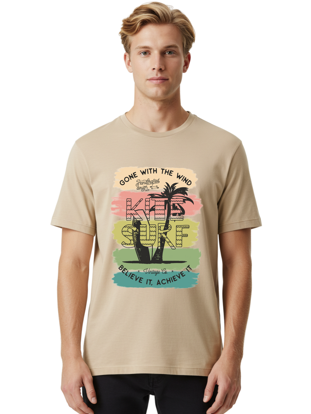 Gone-With-The-Wind-Kite-Surf Men'S Graphic Tee, 100% Cotton, Comfortable Casual Summer Wear, Machine Washable, Surfing Inspiration, Vintage Style, Motivational Quote, Surf Culture, Beach Vibes, Retro Design, Handcrafted Art, Aab935