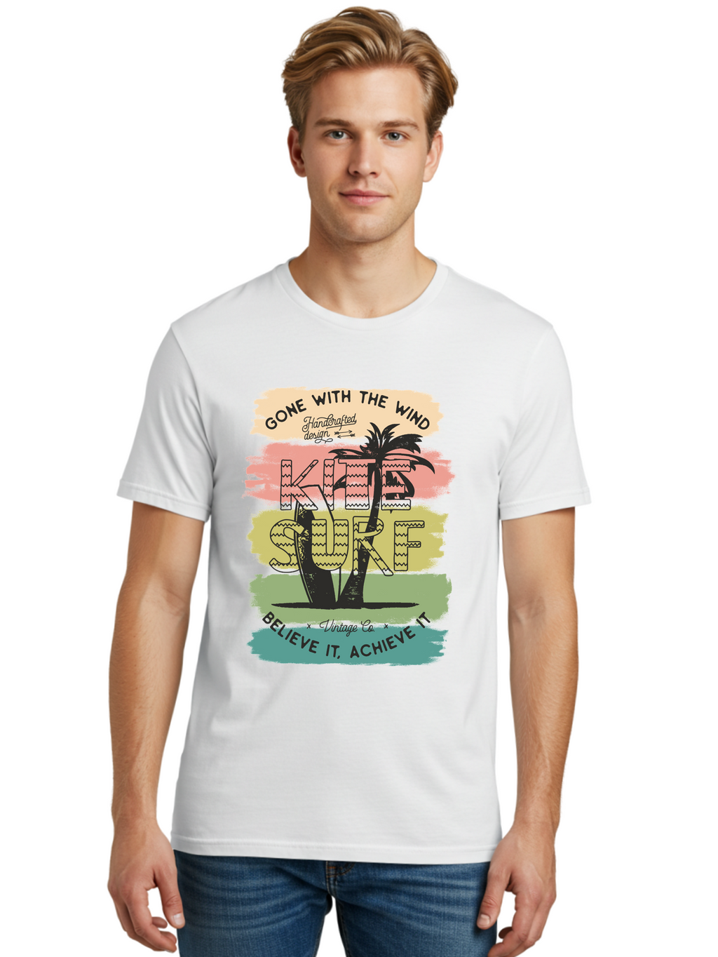 Gone-With-The-Wind-Kite-Surf Men'S Graphic Tee, 100% Cotton, Comfortable Casual Summer Wear, Machine Washable, Surfing Inspiration, Vintage Style, Motivational Quote, Surf Culture, Beach Vibes, Retro Design, Handcrafted Art, Aab935