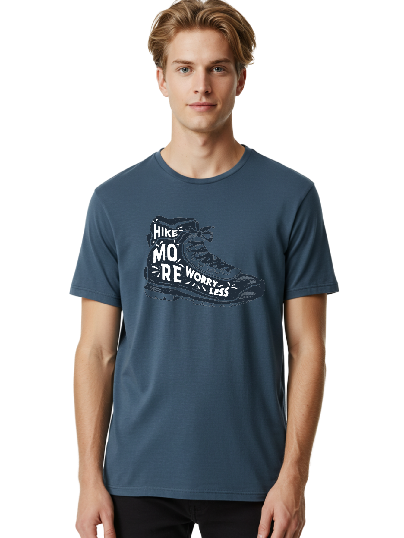 Hike-More-Worry-Less Men'S Graphic Tee, 100% Cotton, Comfortable Casual Summer Wear, Machine Washable, Hiking Boot, Motivational Quote, Outdoor Adventure, Hiking Inspiration, Wellness, Active Lifestyle, Nature Escape, Adventure Seeking, Aab936