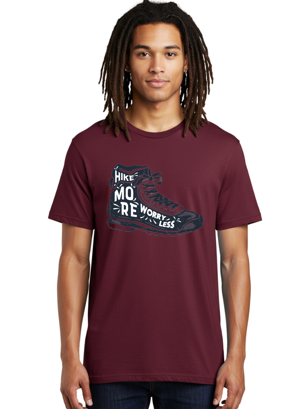 Hike-More-Worry-Less Men'S Graphic Tee, 100% Cotton, Comfortable Casual Summer Wear, Machine Washable, Hiking Boot, Motivational Quote, Outdoor Adventure, Hiking Inspiration, Wellness, Active Lifestyle, Nature Escape, Adventure Seeking, Aab936