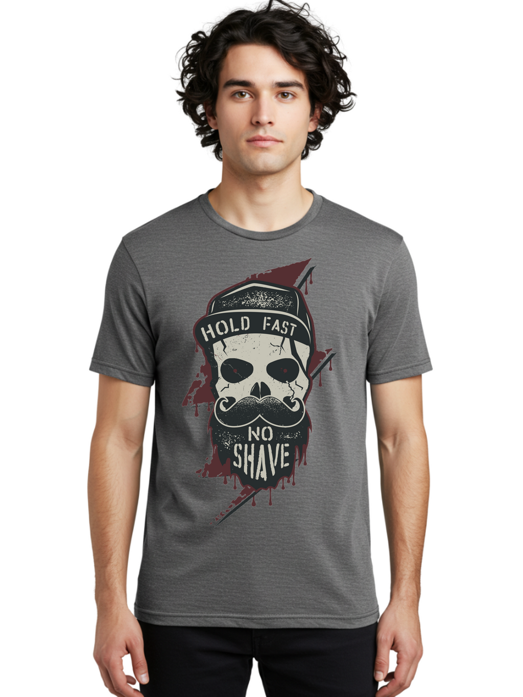 Hold-Fast-No-Shave-1 Men'S Graphic Tee, 100% Cotton, Comfortable Casual Summer Wear, Machine Washable, Skull With Beard And Mustache, Biker Skull, Grunge Style, Punk Rock Aesthetic, Edgy Design, Bold Graphics, Hold Fast, No Shave Aab937