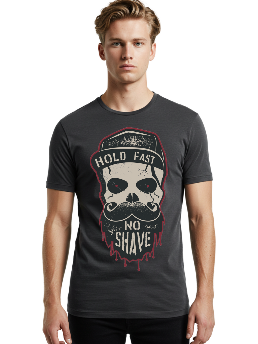 Hold-Fast-No-Shave-2 Men'S Graphic Tee, 100% Cotton, Comfortable Casual Summer Wear, Machine Washable, Skull With Beard And Mustache, Bold Typography, Edgy Design, Skull Art, Barber Culture, Grooming Inspiration, Tattoo Art, Grunge Style, Aab938