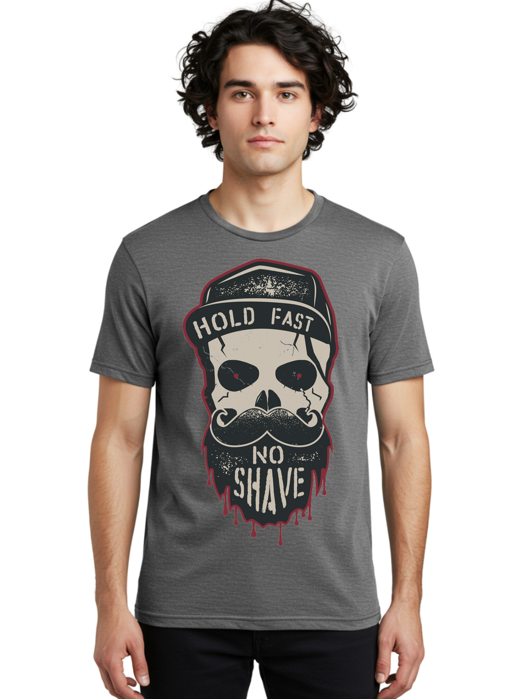 Hold-Fast-No-Shave-2 Men'S Graphic Tee, 100% Cotton, Comfortable Casual Summer Wear, Machine Washable, Skull With Beard And Mustache, Bold Typography, Edgy Design, Skull Art, Barber Culture, Grooming Inspiration, Tattoo Art, Grunge Style, Aab938