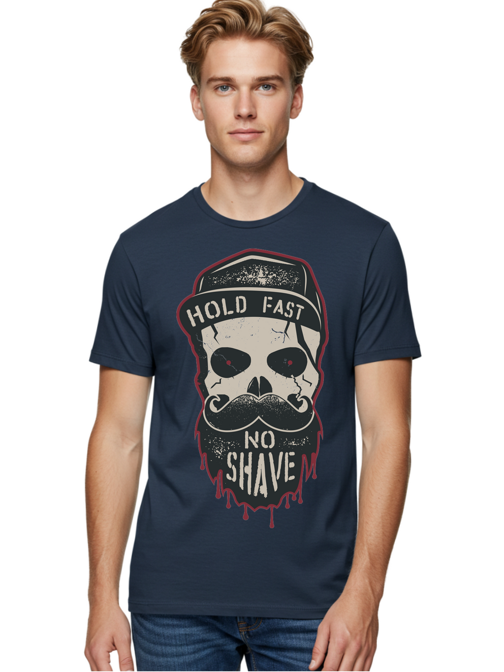 Hold-Fast-No-Shave-2 Men'S Graphic Tee, 100% Cotton, Comfortable Casual Summer Wear, Machine Washable, Skull With Beard And Mustache, Bold Typography, Edgy Design, Skull Art, Barber Culture, Grooming Inspiration, Tattoo Art, Grunge Style, Aab938