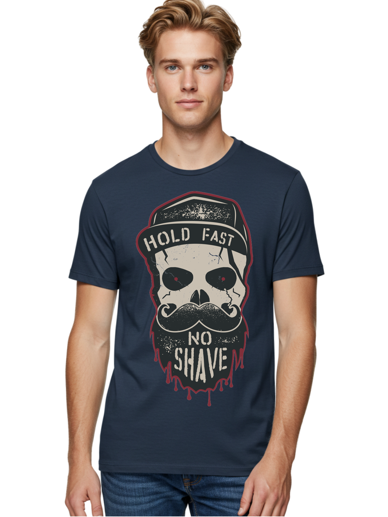 Hold-Fast-No-Shave-2 Men'S Graphic Tee, 100% Cotton, Comfortable Casual Summer Wear, Machine Washable, Skull With Beard And Mustache, Bold Typography, Edgy Design, Skull Art, Barber Culture, Grooming Inspiration, Tattoo Art, Grunge Style, Aab938