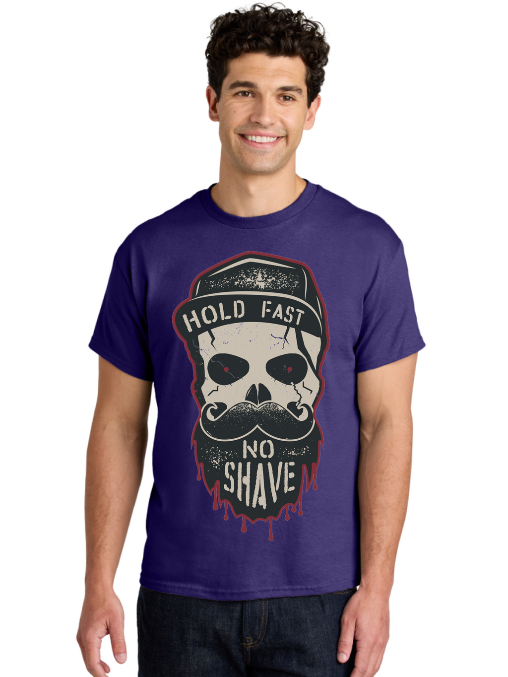 Hold-Fast-No-Shave-2 Men'S Graphic Tee, 100% Cotton, Comfortable Casual Summer Wear, Machine Washable, Skull With Beard And Mustache, Bold Typography, Edgy Design, Skull Art, Barber Culture, Grooming Inspiration, Tattoo Art, Grunge Style, Aab938