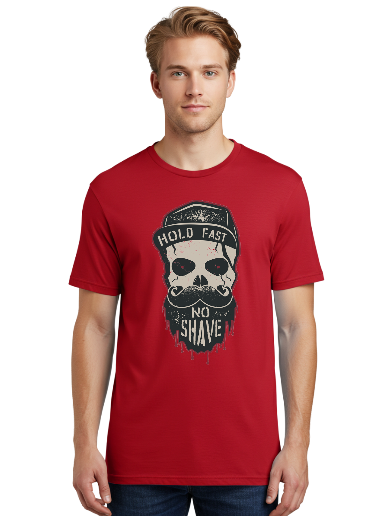 Hold-Fast-No-Shave-2 Men'S Graphic Tee, 100% Cotton, Comfortable Casual Summer Wear, Machine Washable, Skull With Beard And Mustache, Bold Typography, Edgy Design, Skull Art, Barber Culture, Grooming Inspiration, Tattoo Art, Grunge Style, Aab938