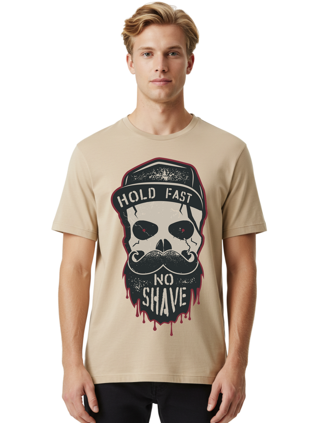 Hold-Fast-No-Shave-2 Men'S Graphic Tee, 100% Cotton, Comfortable Casual Summer Wear, Machine Washable, Skull With Beard And Mustache, Bold Typography, Edgy Design, Skull Art, Barber Culture, Grooming Inspiration, Tattoo Art, Grunge Style, Aab938