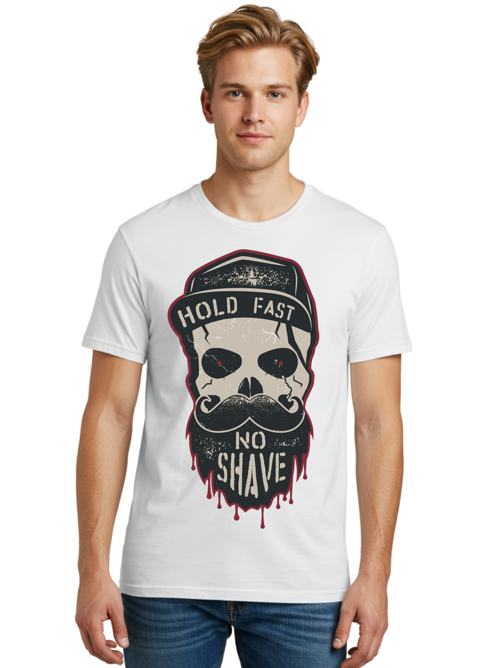 Hold-Fast-No-Shave-2 Men'S Graphic Tee, 100% Cotton, Comfortable Casual Summer Wear, Machine Washable, Skull With Beard And Mustache, Bold Typography, Edgy Design, Skull Art, Barber Culture, Grooming Inspiration, Tattoo Art, Grunge Style, Aab938