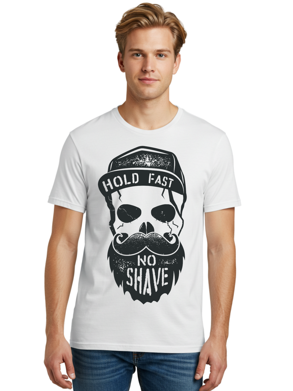 Hold-Fast-No-Shave Men'S Graphic Tee, 100% Cotton, Comfortable Casual Summer Wear, Machine Washable, Skull With Beard And Mustache, No Shave Movement, Hold Fast, Grunge Style, Tattoo Art, Skull Illustration, Beard And Mustache Illustration, Aab939