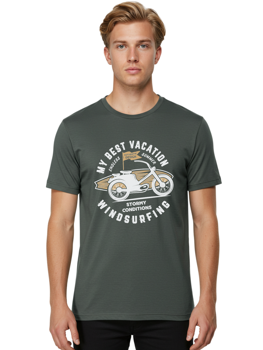 My-Best-Vacation Men'S Graphic Tee, 100% Cotton, Comfortable Casual Summer Wear, Machine Washable, Motorcycle Graphic, Vacation Summer Vibes, Windsurfing Adventures, Stormy Weather, Endless Summer Fun, Authentic Design Elements, Aab945