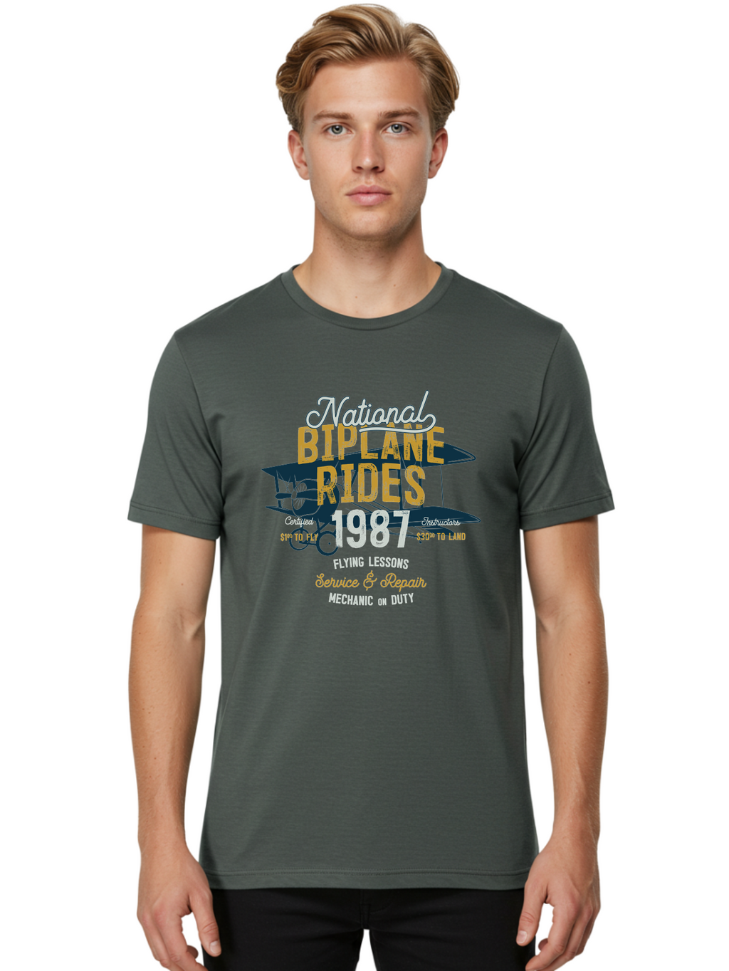National-Biplane-Rides Men'S Graphic Tee, 100% Cotton, Comfortable Casual Summer Wear, Machine Washable, Vintage Airplane, Biplane Rides, Flying Lessons, Certified Instructors, Service And Repair, Mechanic On Duty, Aviation Experience, 1987, Aab946