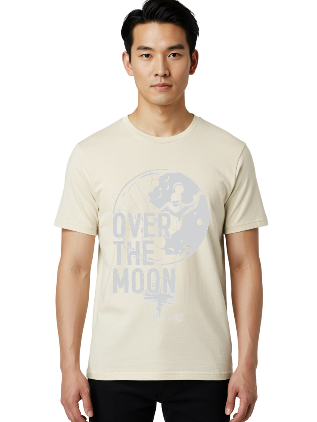 Over-The-Moon Men'S Graphic Tee, 100% Cotton, Comfortable Casual Summer Wear, Machine Washable, Moon Graphic, Astronaut Illustration, Space Exploration, Moon Landing, Celestial Body, Over The Moon Text, Retro-Futuristic Design, Aab951