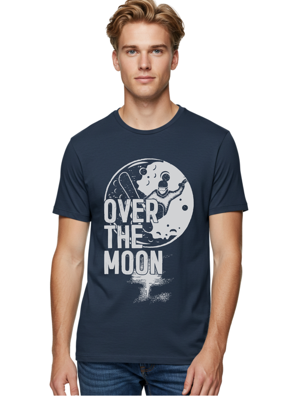 Over-The-Moon Men'S Graphic Tee, 100% Cotton, Comfortable Casual Summer Wear, Machine Washable, Moon Graphic, Astronaut Illustration, Space Exploration, Moon Landing, Celestial Body, Over The Moon Text, Retro-Futuristic Design, Aab951