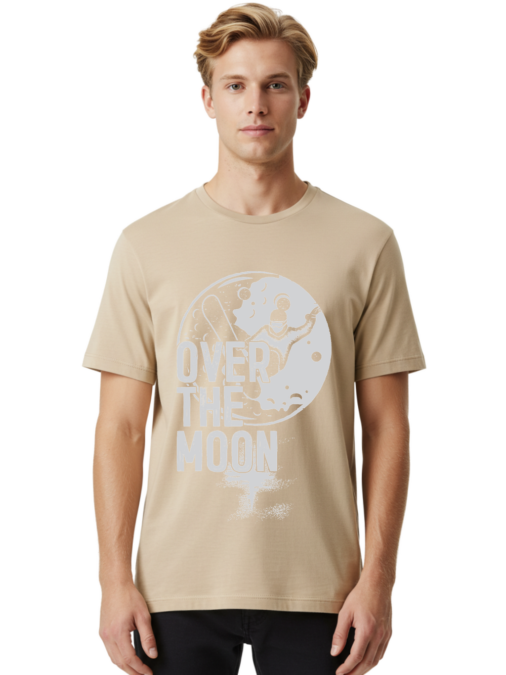 Over-The-Moon Men'S Graphic Tee, 100% Cotton, Comfortable Casual Summer Wear, Machine Washable, Moon Graphic, Astronaut Illustration, Space Exploration, Moon Landing, Celestial Body, Over The Moon Text, Retro-Futuristic Design, Aab951