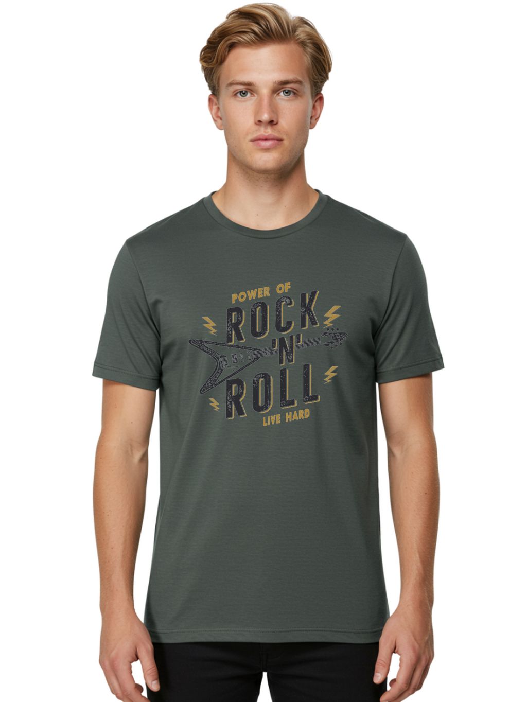 Power-Of-Rock-N-Roll-1 Men'S Graphic Tee, 100% Cotton, Comfortable Casual Summer Wear, Machine Washable, Rock N Roll Music, Electric Guitar, Live Hard, Rock On, Music Festival, Rock Concert, Guitar Lover, Rock Culture, Music Enthusiast Aab952