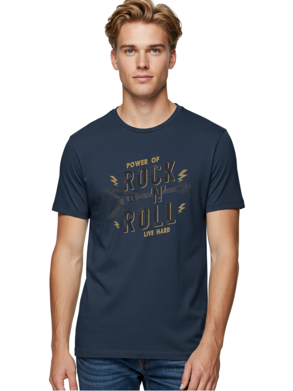 Power-Of-Rock-N-Roll-1 Men'S Graphic Tee, 100% Cotton, Comfortable Casual Summer Wear, Machine Washable, Rock N Roll Music, Electric Guitar, Live Hard, Rock On, Music Festival, Rock Concert, Guitar Lover, Rock Culture, Music Enthusiast Aab952