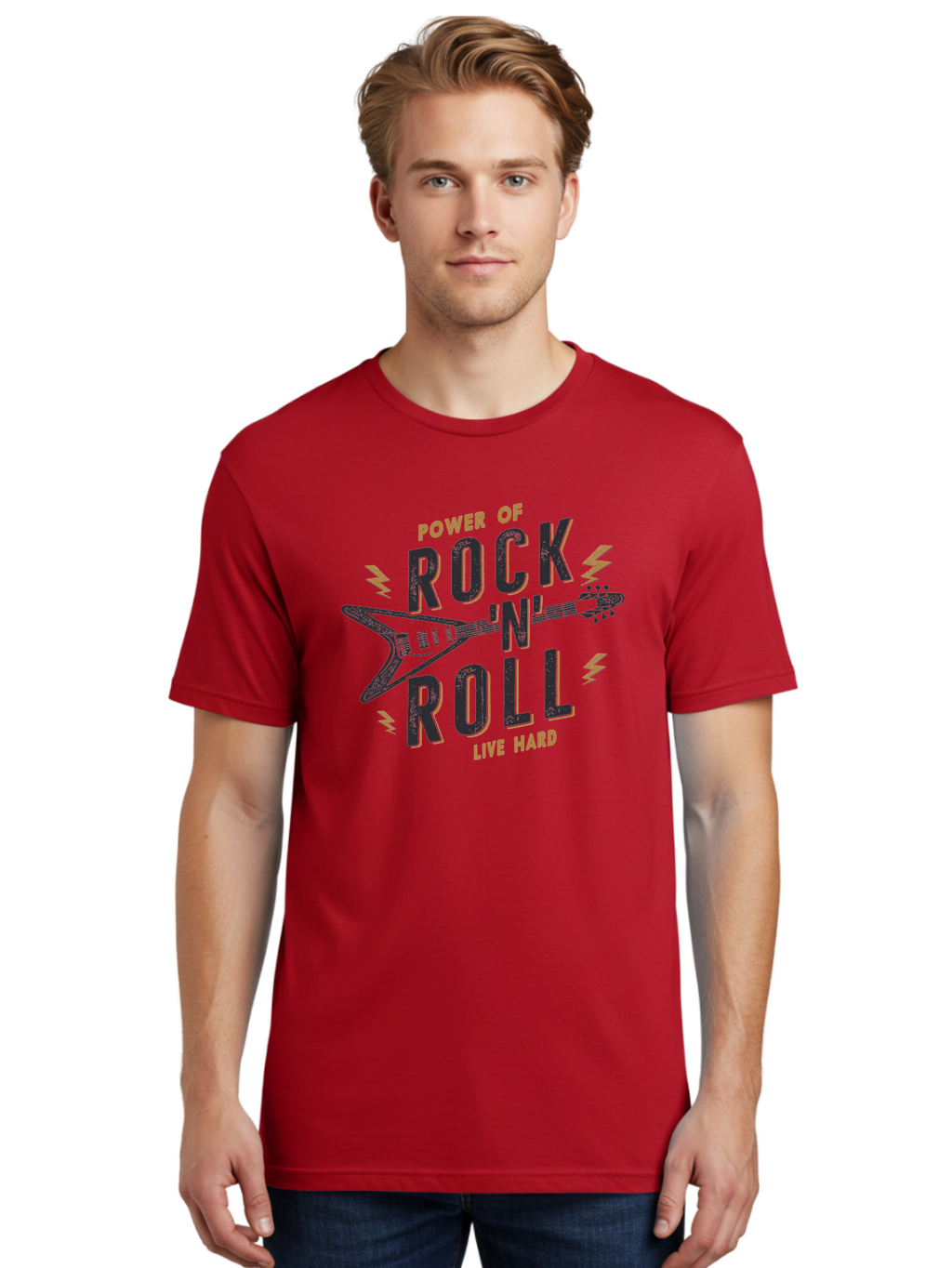 Power-Of-Rock-N-Roll-1 Men'S Graphic Tee, 100% Cotton, Comfortable Casual Summer Wear, Machine Washable, Rock N Roll Music, Electric Guitar, Live Hard, Rock On, Music Festival, Rock Concert, Guitar Lover, Rock Culture, Music Enthusiast Aab952