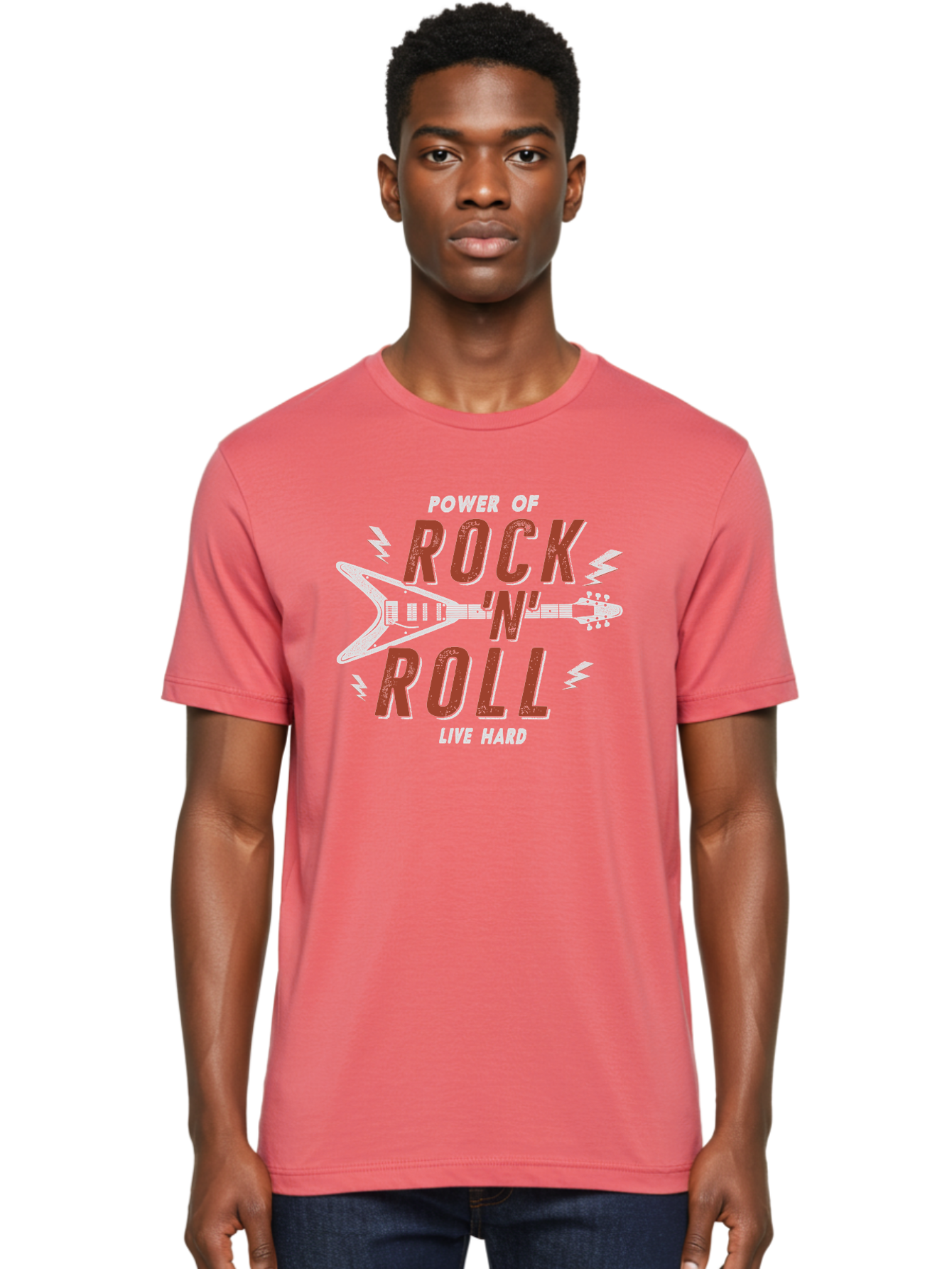 Power-Of-Rock-N-Roll Men'S Graphic Tee, 100% Cotton, Comfortable Casual Summer Wear, Machine Washable, Rock N Roll, Guitar Illustration, Power Of Music, Live Hard, Bold Typography, Energetic Design, Rock On, Musical Inspiration Aab953