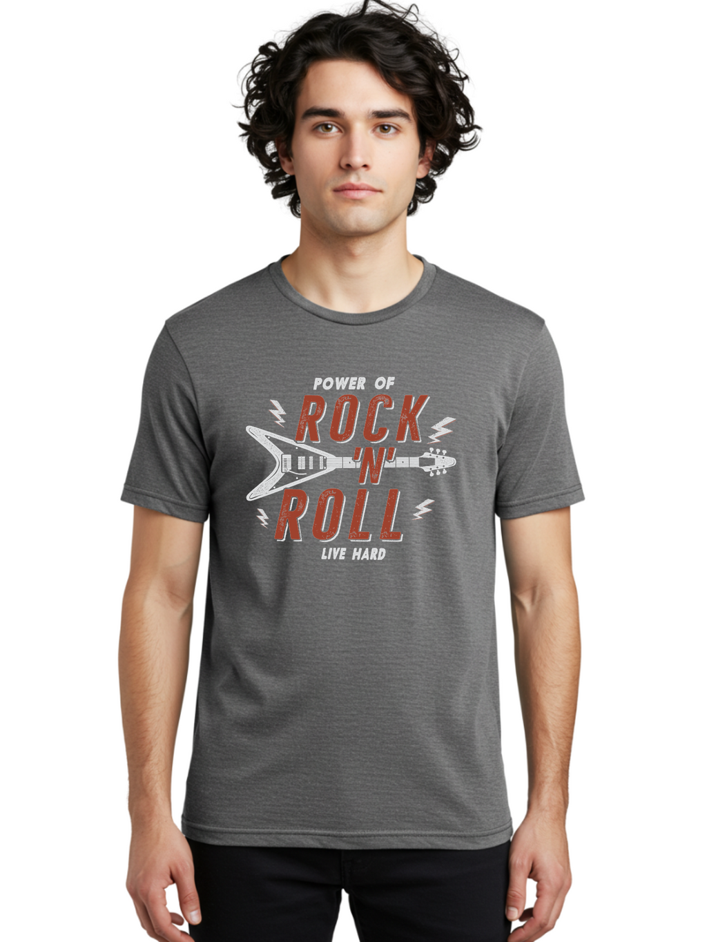 Power-Of-Rock-N-Roll Men'S Graphic Tee, 100% Cotton, Comfortable Casual Summer Wear, Machine Washable, Rock N Roll, Guitar Illustration, Power Of Music, Live Hard, Bold Typography, Energetic Design, Rock On, Musical Inspiration Aab953