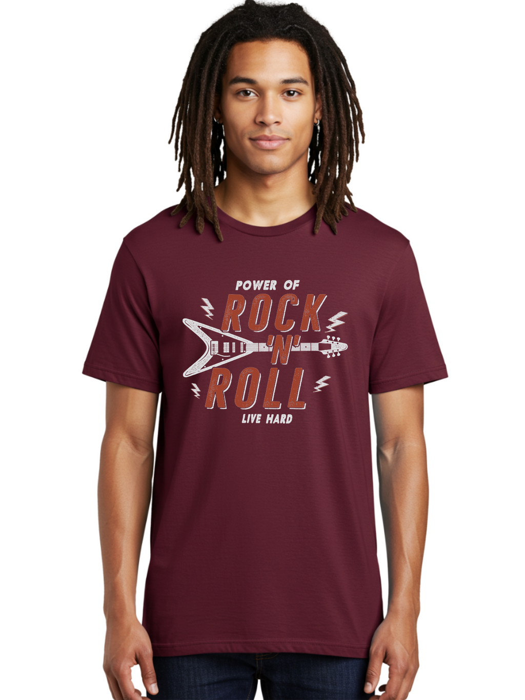 Power-Of-Rock-N-Roll Men'S Graphic Tee, 100% Cotton, Comfortable Casual Summer Wear, Machine Washable, Rock N Roll, Guitar Illustration, Power Of Music, Live Hard, Bold Typography, Energetic Design, Rock On, Musical Inspiration Aab953