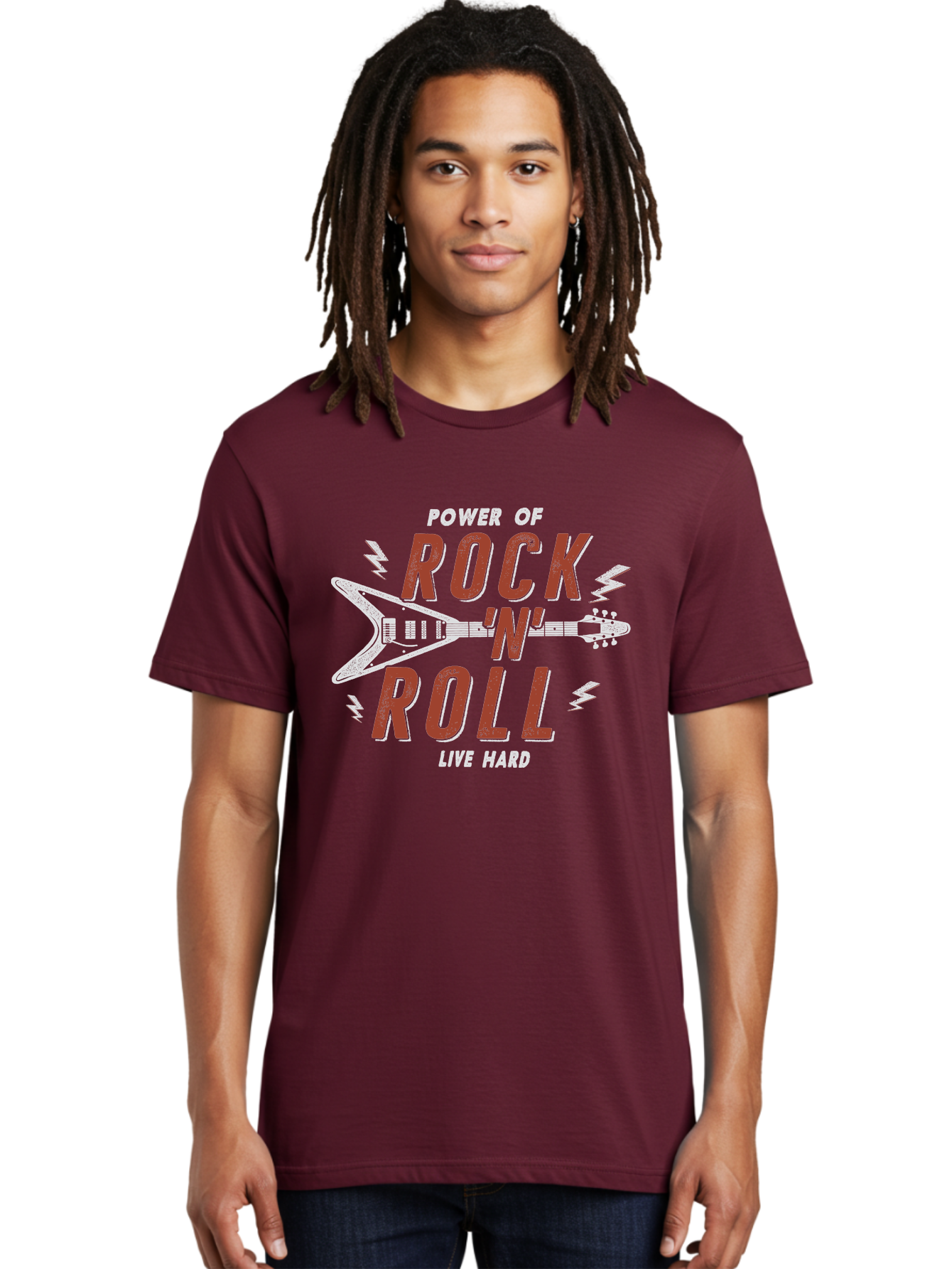 Power-Of-Rock-N-Roll Men'S Graphic Tee, 100% Cotton, Comfortable Casual Summer Wear, Machine Washable, Rock N Roll, Guitar Illustration, Power Of Music, Live Hard, Bold Typography, Energetic Design, Rock On, Musical Inspiration Aab953