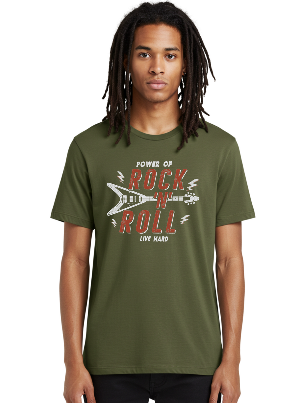 Power-Of-Rock-N-Roll Men'S Graphic Tee, 100% Cotton, Comfortable Casual Summer Wear, Machine Washable, Rock N Roll, Guitar Illustration, Power Of Music, Live Hard, Bold Typography, Energetic Design, Rock On, Musical Inspiration Aab953