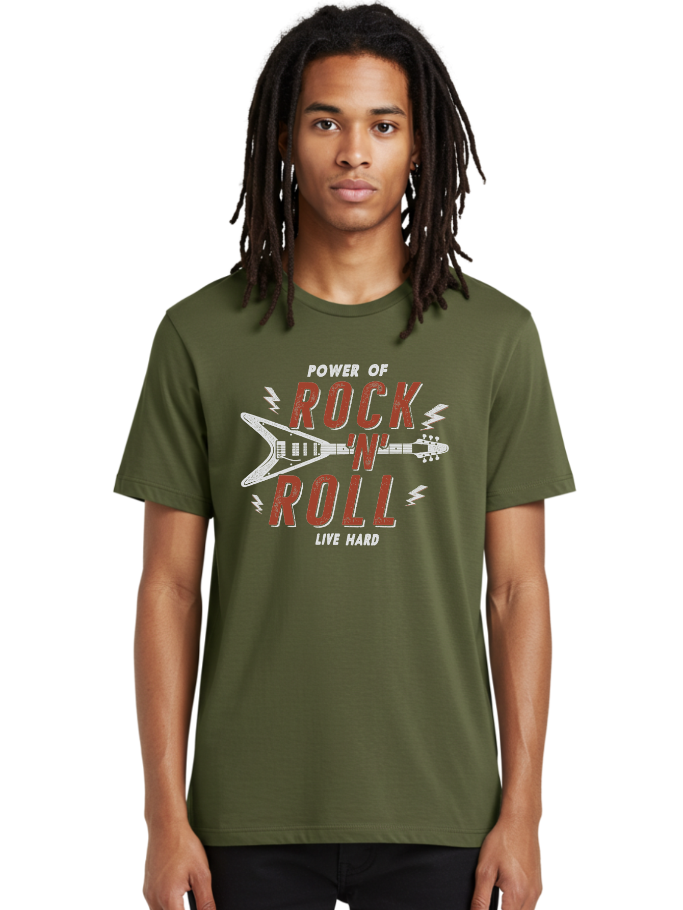 Power-Of-Rock-N-Roll Men'S Graphic Tee, 100% Cotton, Comfortable Casual Summer Wear, Machine Washable, Rock N Roll, Guitar Illustration, Power Of Music, Live Hard, Bold Typography, Energetic Design, Rock On, Musical Inspiration Aab953