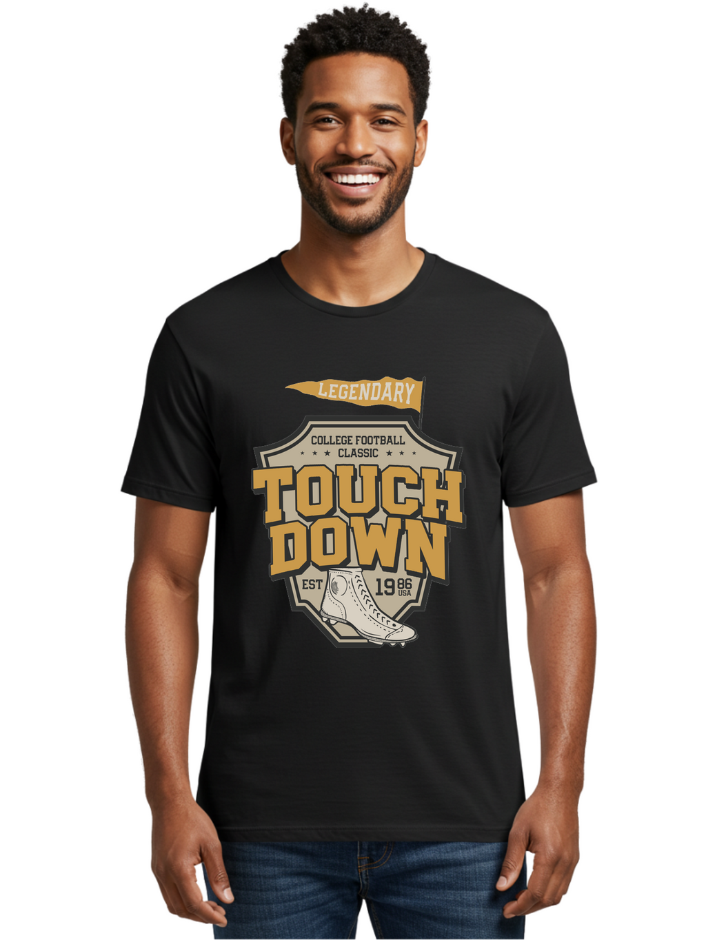 Touch-Down Men'S Graphic Tee, 100% Cotton, Comfortable Casual Summer Wear, Machine Washable, College Football, Touchdown, Classic Football, Legendary Sports, 1986 Usa, Football Cleats, Vintage Football Aab954