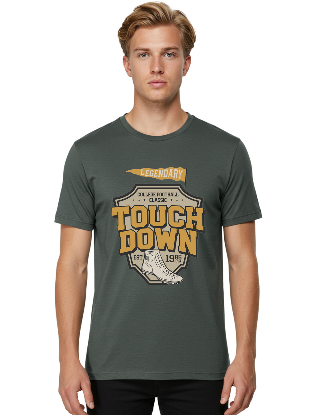 Touch-Down Men'S Graphic Tee, 100% Cotton, Comfortable Casual Summer Wear, Machine Washable, College Football, Touchdown, Classic Football, Legendary Sports, 1986 Usa, Football Cleats, Vintage Football Aab954