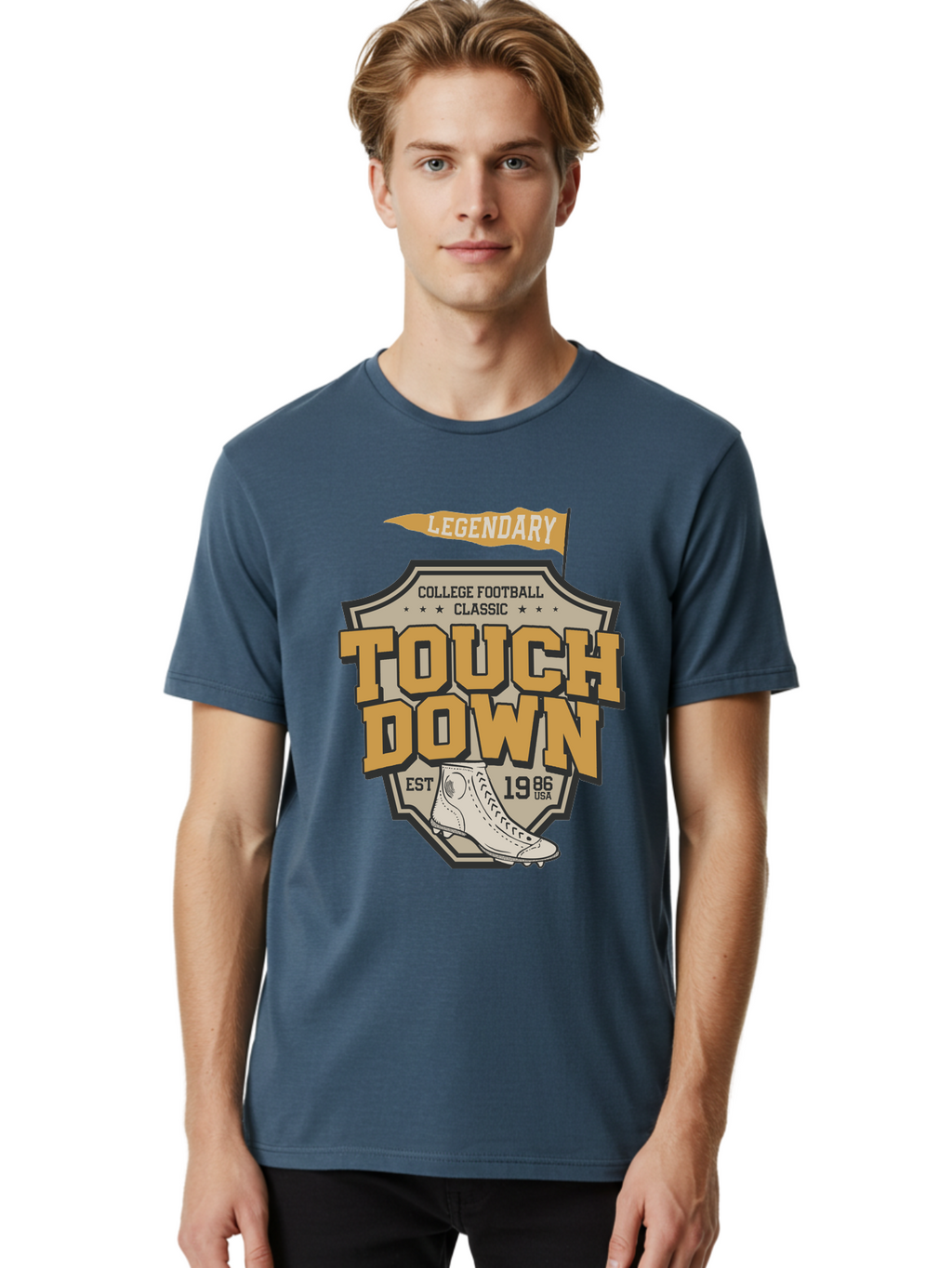 Touch-Down Men'S Graphic Tee, 100% Cotton, Comfortable Casual Summer Wear, Machine Washable, College Football, Touchdown, Classic Football, Legendary Sports, 1986 Usa, Football Cleats, Vintage Football Aab954