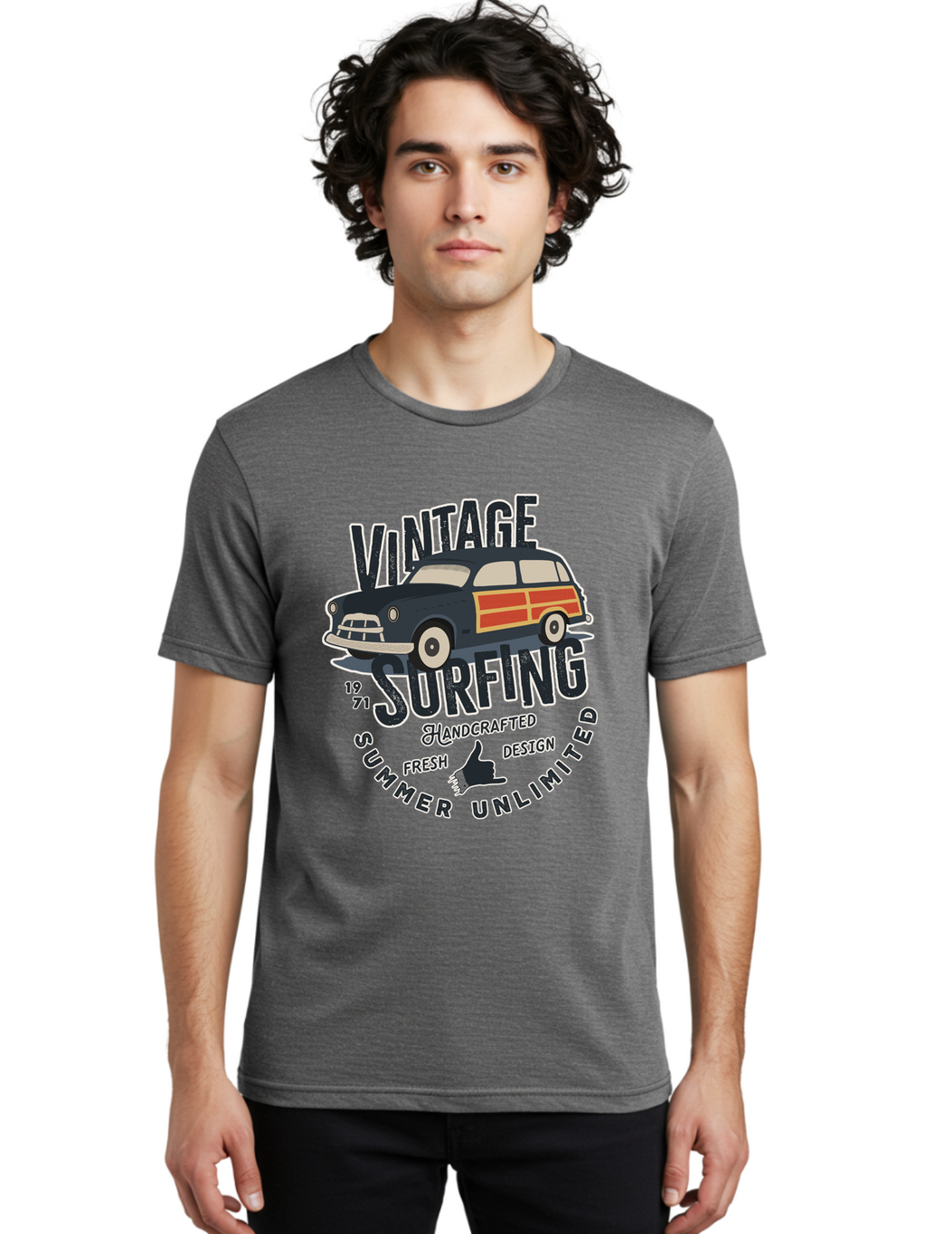 Vintage-Surfing-2 Men'S Graphic Tee, 100% Cotton, Comfortable Casual Summer Wear, Machine Washable, Vintage Surf Car, Surf Culture, Summer Vibes, Retro Design, Handmade Graphics, Shaka Sign, Coastal Style, Surf-Inspired Art, Nostalgic Feel, Aab960