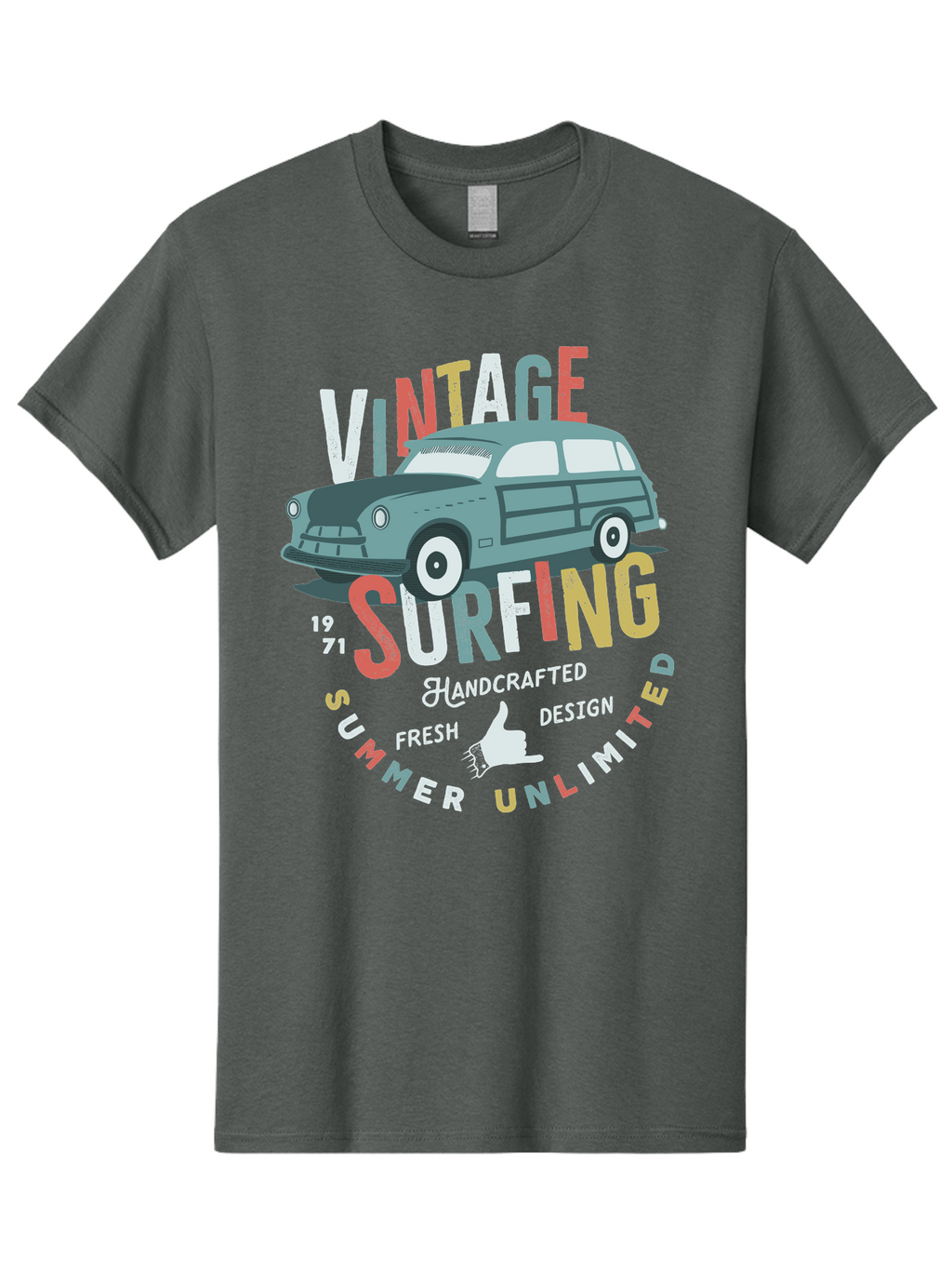 Vintage-Surfing Men'S Graphic Tee, 100% Cotton, Comfortable Casual Summer Wear, Machine Washable, Vintage Car, Surfing Culture, Handcrafted Design, Summer Vibes, Retro Style, Fresh Design, Thumbs Up, 1971, Unlimited Summer, Nostalgic Feel, Aab961