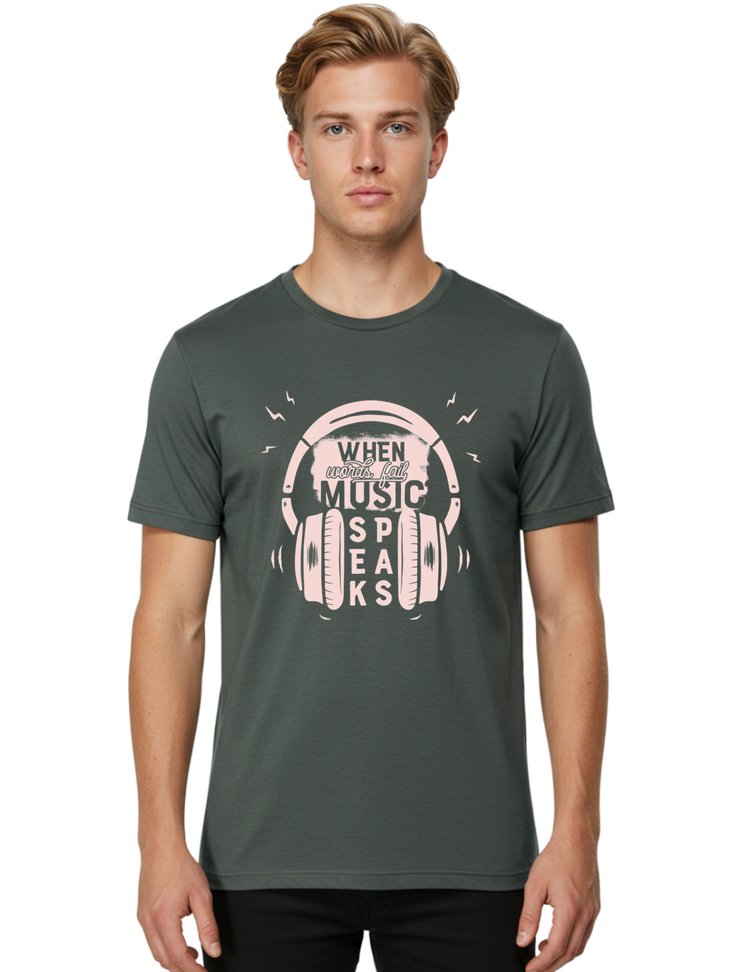 When-Words-Fail-Music-Speaks-Headphones Men'S Graphic Tee, 100% Cotton, Comfortable Casual Summer Wear, Machine Washable, Music Speaks, Inspiring Quotes, Headphone Design, Motivational Phrases, Music Inspiration, Words Of Wisdom, Aab962
