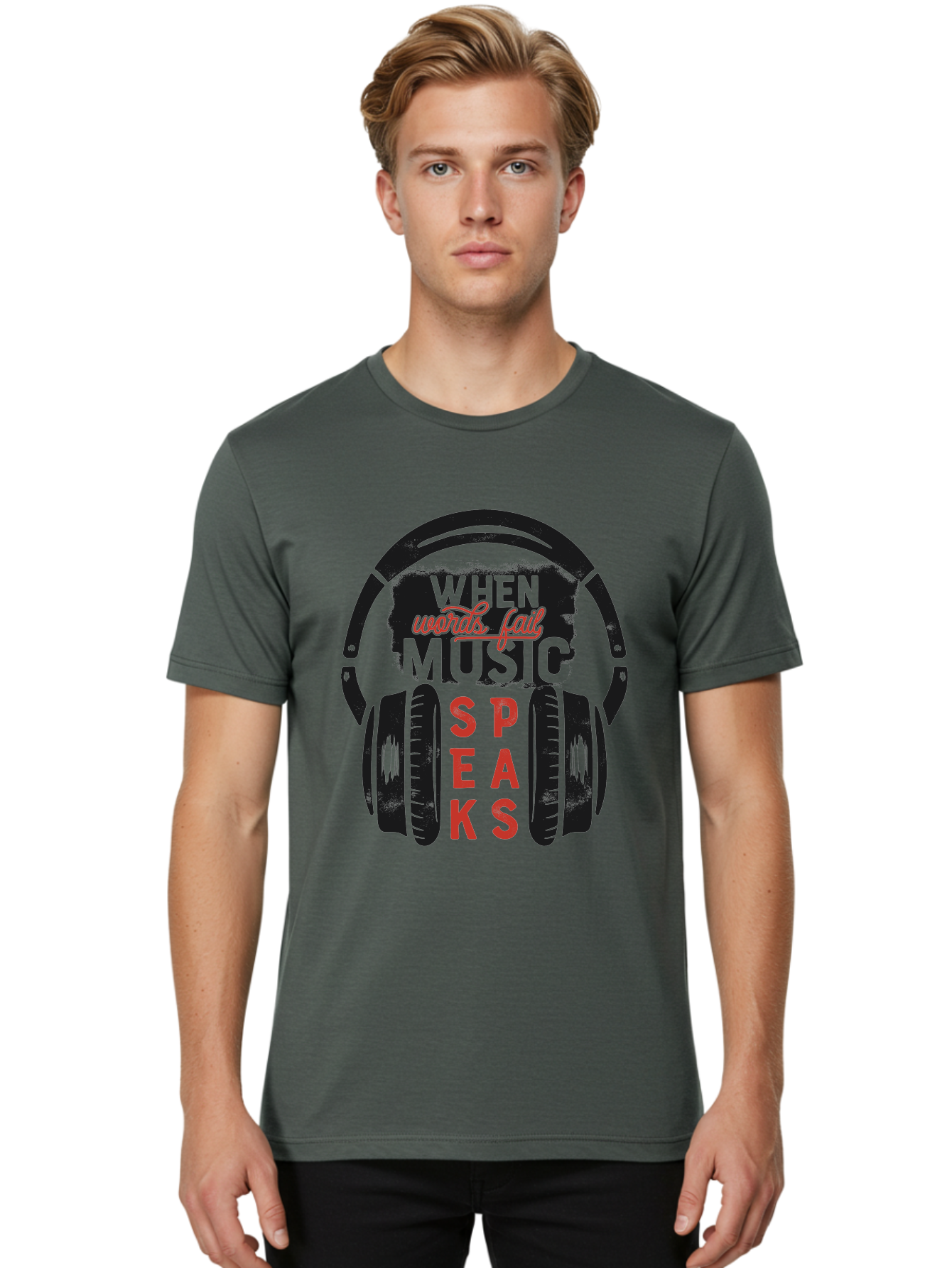 When-Words-Fail-Music-Speaks Men'S Graphic Tee, 100% Cotton, Comfortable Casual Summer Wear, Machine Washable, Inspirational Quote, Music Lover, Headphone Illustration, Motivational Phrase, Music Speaks, Words Fail, Sound Waves, Music Art Aab963