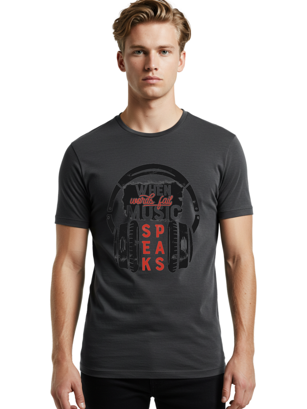 When-Words-Fail-Music-Speaks Men'S Graphic Tee, 100% Cotton, Comfortable Casual Summer Wear, Machine Washable, Inspirational Quote, Music Lover, Headphone Illustration, Motivational Phrase, Music Speaks, Words Fail, Sound Waves, Music Art Aab963