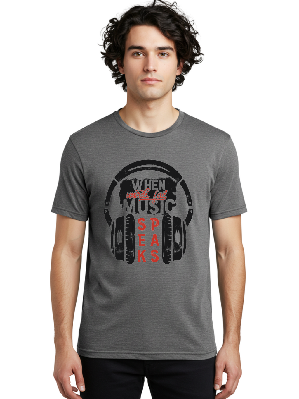 When-Words-Fail-Music-Speaks Men'S Graphic Tee, 100% Cotton, Comfortable Casual Summer Wear, Machine Washable, Inspirational Quote, Music Lover, Headphone Illustration, Motivational Phrase, Music Speaks, Words Fail, Sound Waves, Music Art Aab963