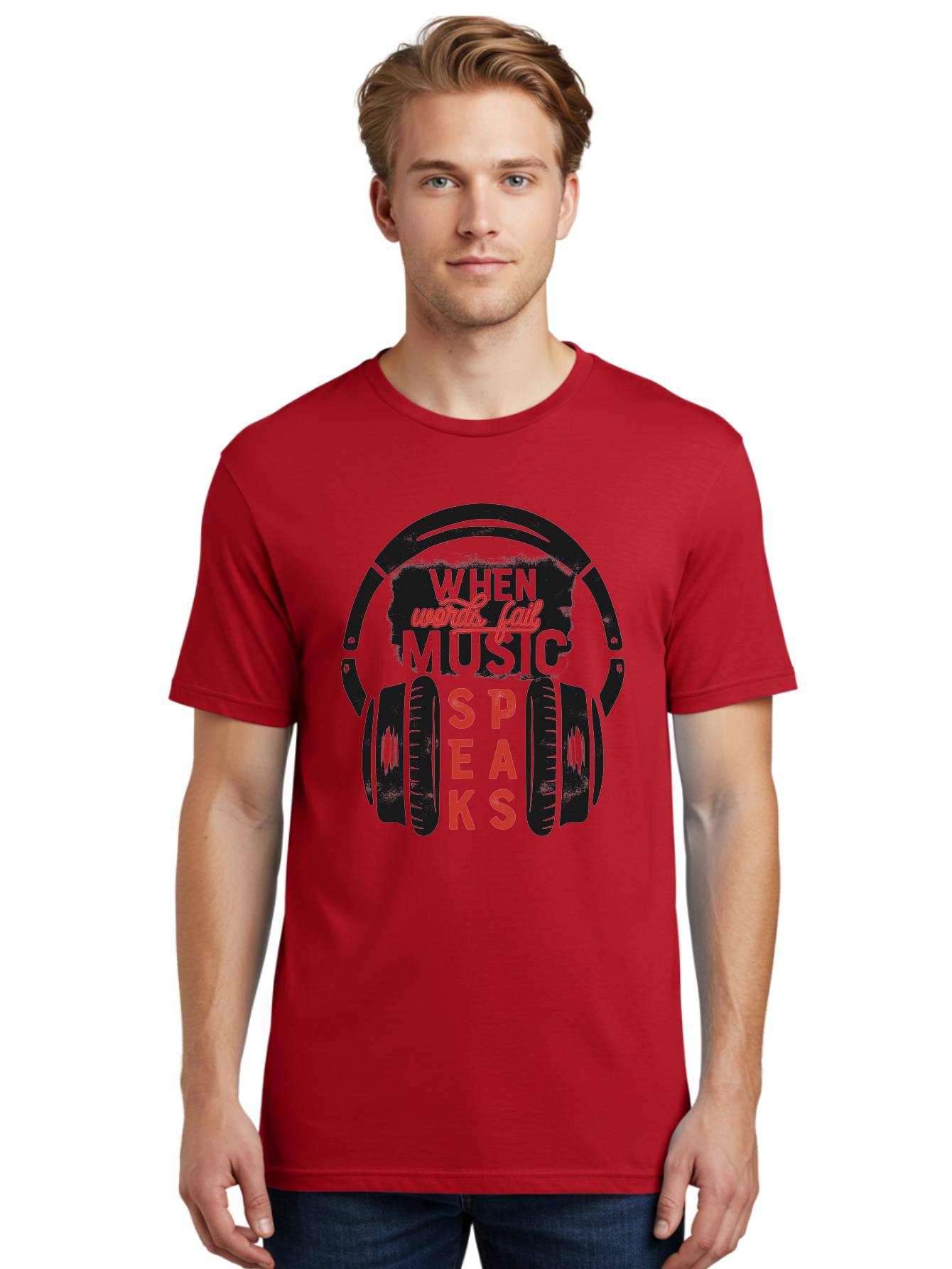 When-Words-Fail-Music-Speaks Men'S Graphic Tee, 100% Cotton, Comfortable Casual Summer Wear, Machine Washable, Inspirational Quote, Music Lover, Headphone Illustration, Motivational Phrase, Music Speaks, Words Fail, Sound Waves, Music Art Aab963