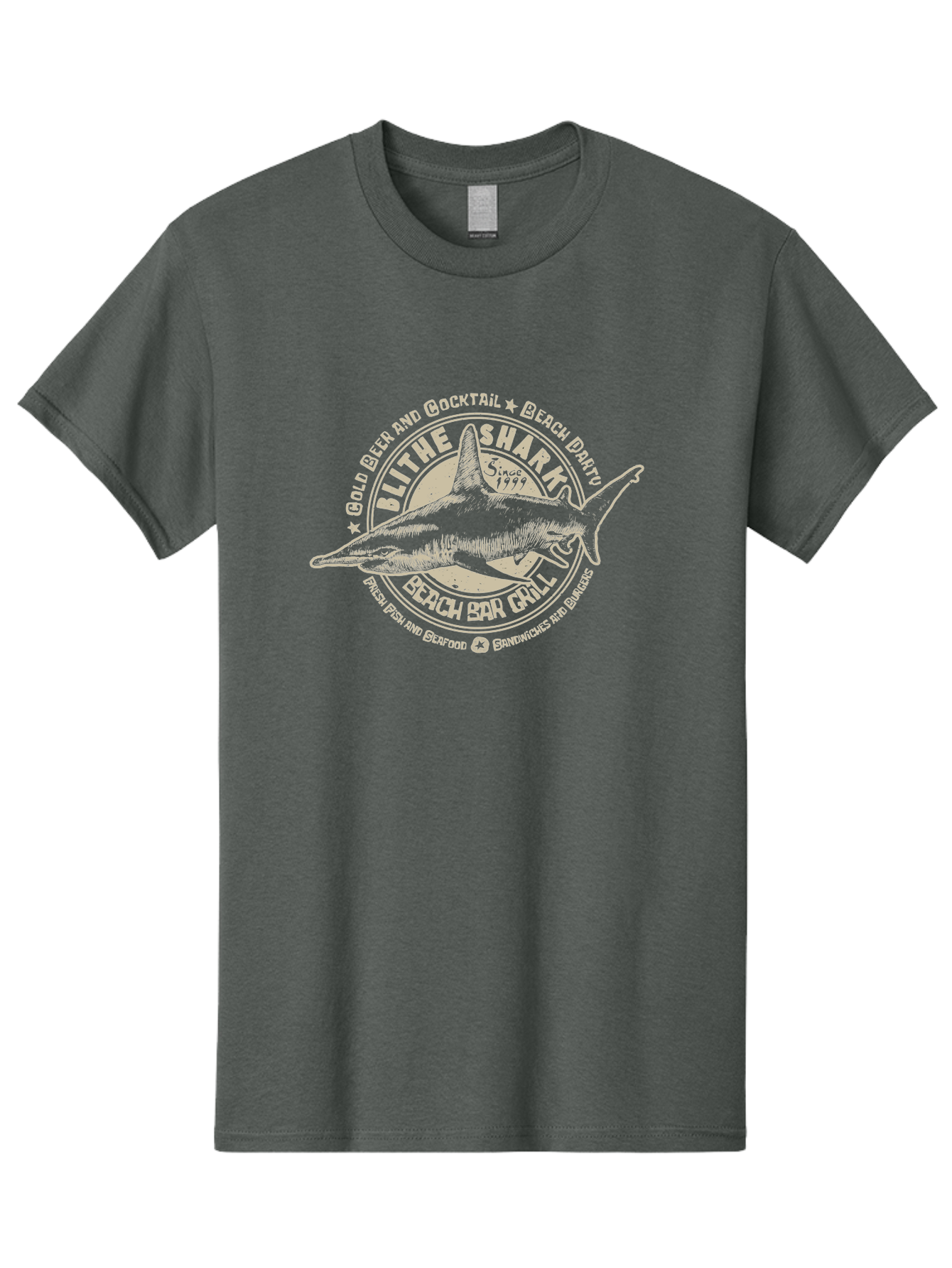 Blithe-Shark Men'S Graphic Tee, 100% Cotton, Comfortable Casual Summer Wear, Machine Washable, Beach Bar Grill, Seafood Restaurant, Cold Beer, Cocktails, Beach Party, Fresh Fish, Sandwiches, Burgers, Casual Dining, Blithe Shark, Beach Food Aab966